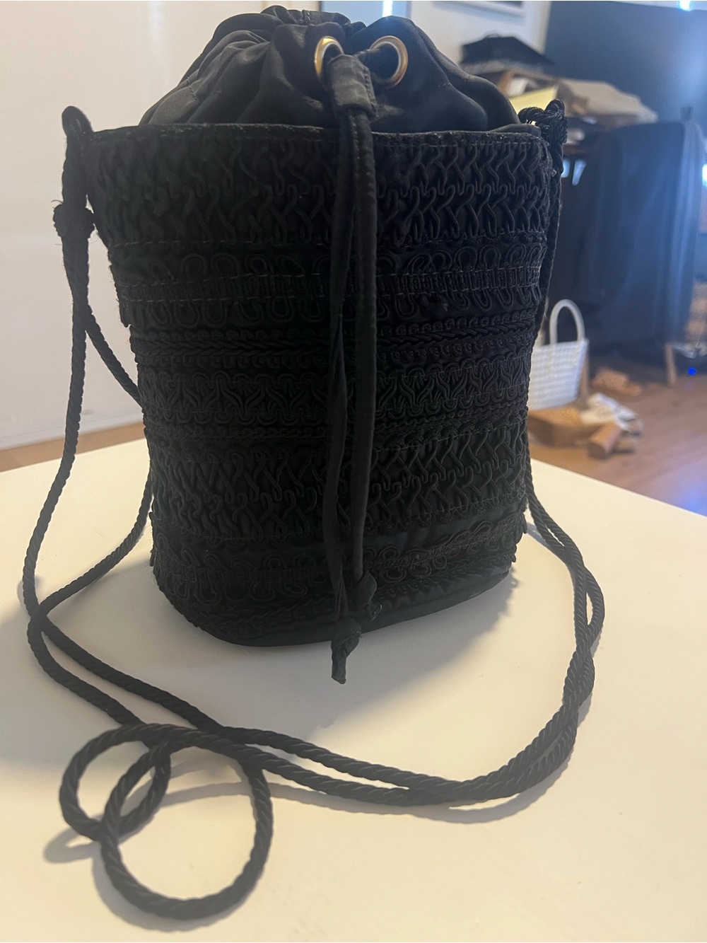 Prada Black Embroidered Drawstring Bucket Crossbody Bag